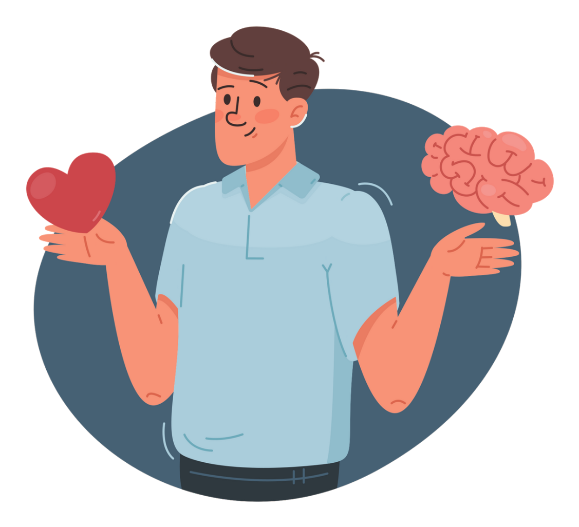Man holding heart and brain illustration