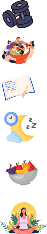 Section icons: exercise, social, journal, sleep, nutrition, meditation