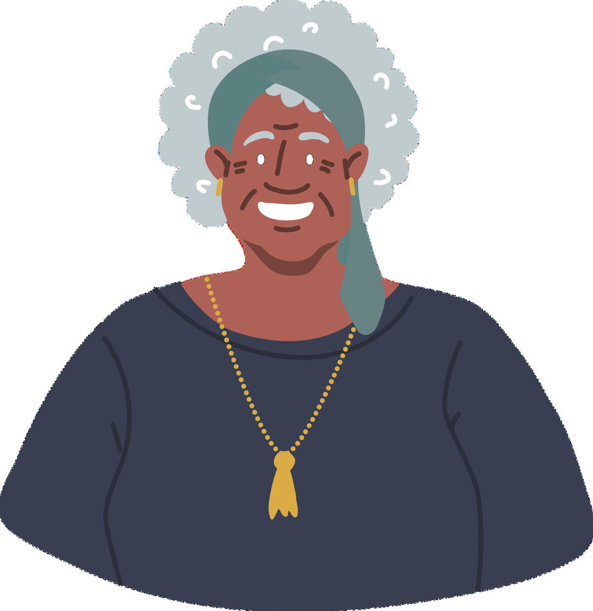 Smiling older woman with grey curly hair and gold necklace