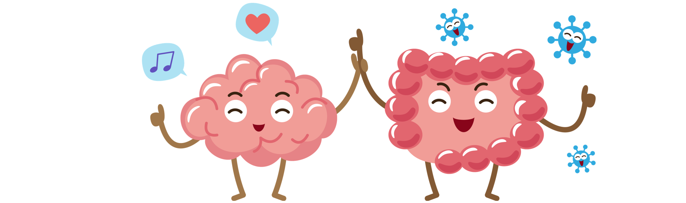 Brain and gut characters celebrating healthy microbiome