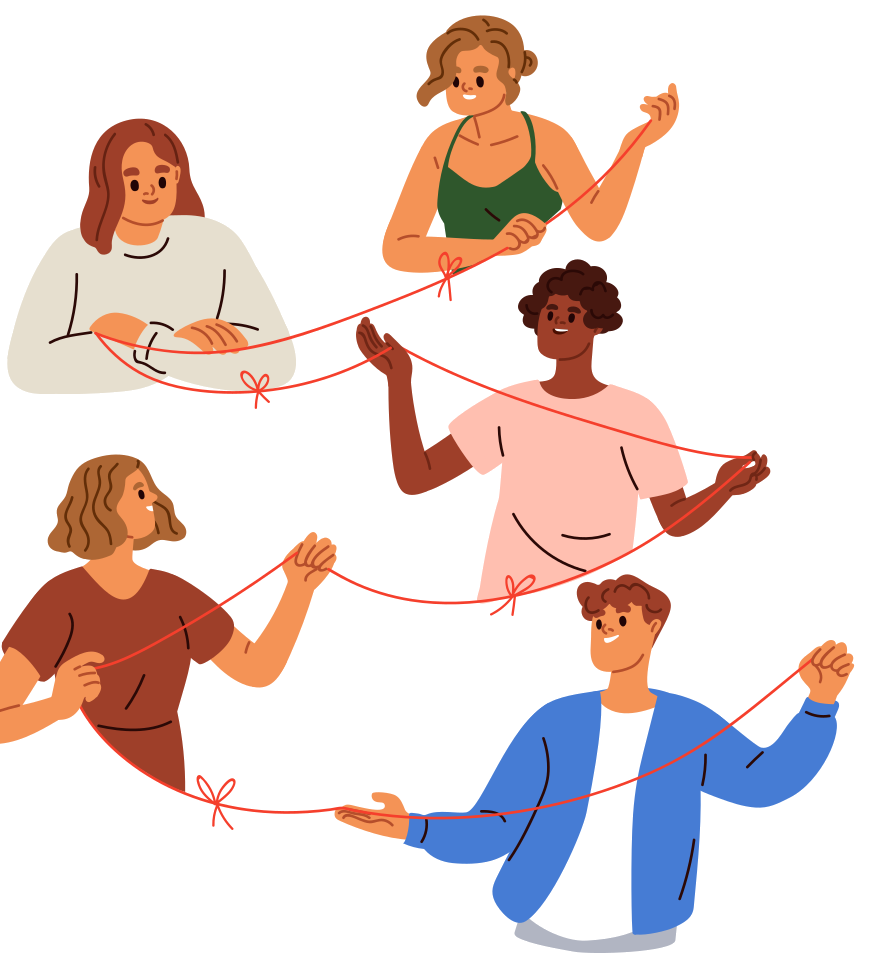 People connected by strings showing social bonds
