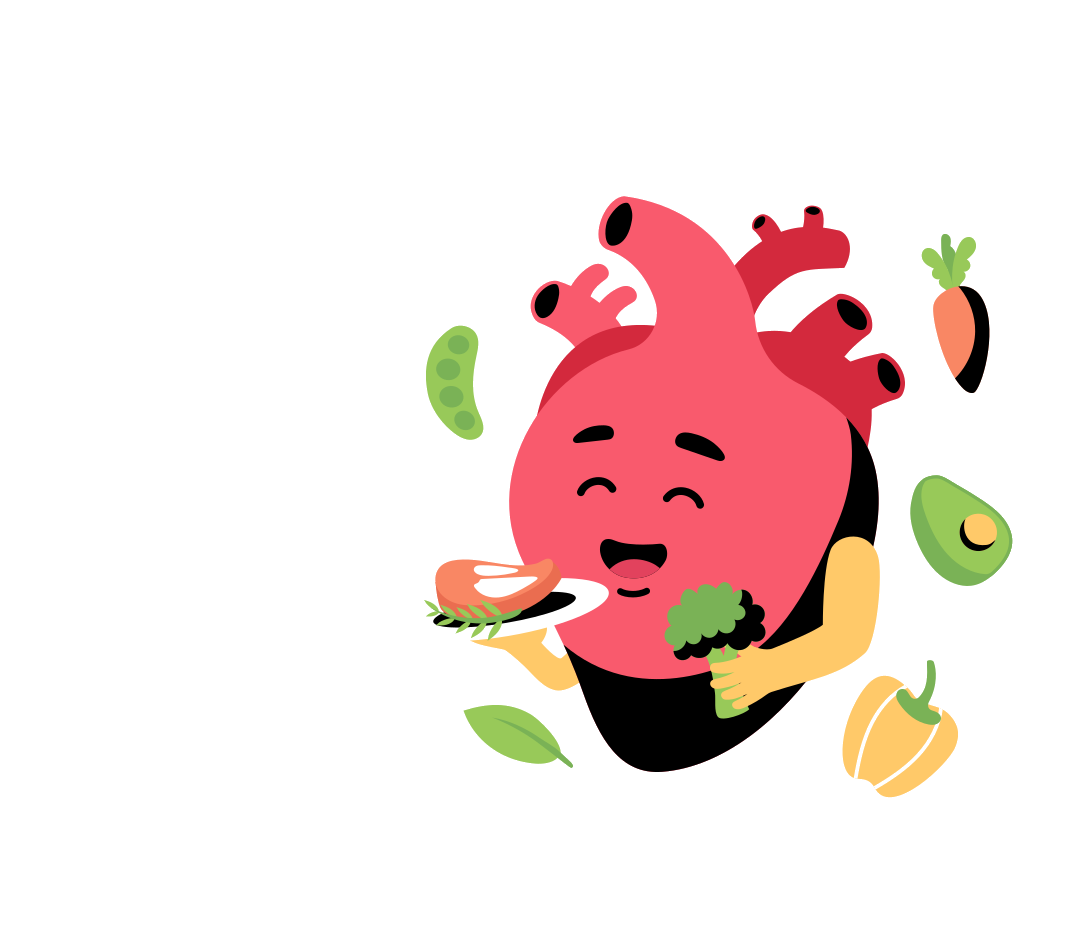 Happy heart character eating healthy foods